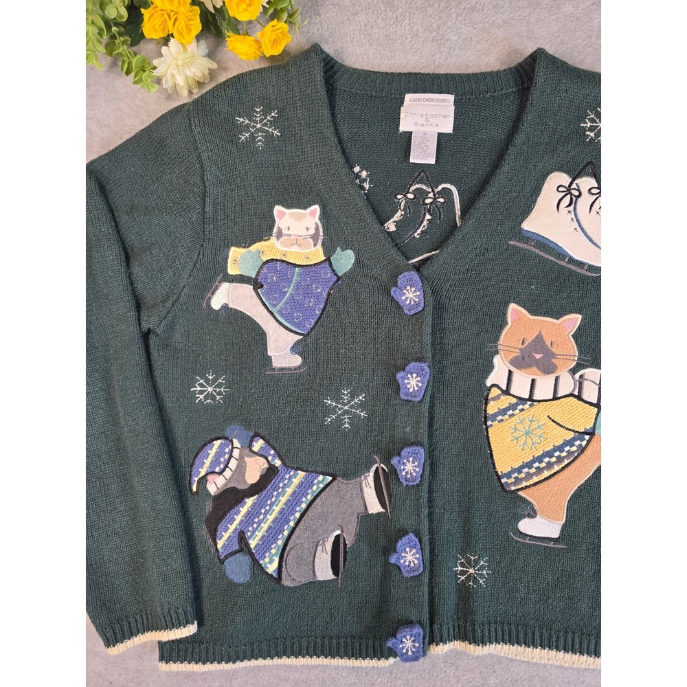 Vtg Christopher & Banks Green Ice Skating Cats Cardigan Sweater Embroidered M - Picture 2 of 13